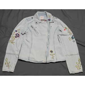 Candies Junior Denim Floral Embroidered Zip Jean Jacket Distressed- Medium